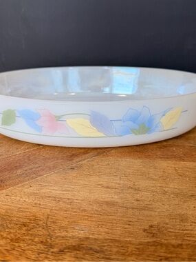 1980s vintage Arcuisine iridescent Floral Pastel Milk Glass oval casserole pan